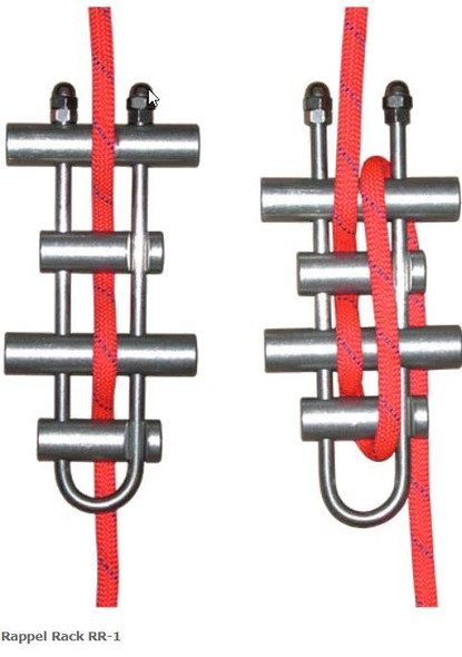 J.Racenstein Rappel Rack 4 Aluminum Bars MIO, climbing rappel rack with four aluminum bars and red ropes.