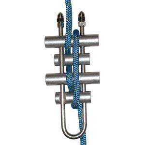 J.Racenstein Rappel Rack 4 with SS Bars MIO, climbing rappel rack showing four stainless steel bars and blue climbing rope.