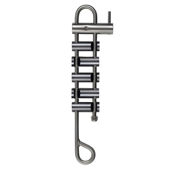 J.Racenstein Rappel Rack SS Tie Off Bar and 5 SS Bars, stainless steel climbing rappel rack with multiple anchor points for safety and support.