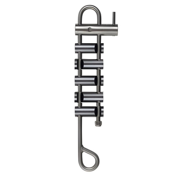 J.Racenstein Rappel Rack SS Tie Off Bar and 5 SS Bars, stainless steel rappel rack with tie-off bar and five SS bars for climbing safety.