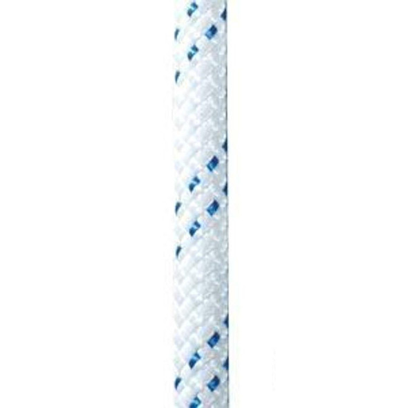 Teufelberger KMIII Rope 1/2in White, close-up of the white rope with blue accents and braided texture.