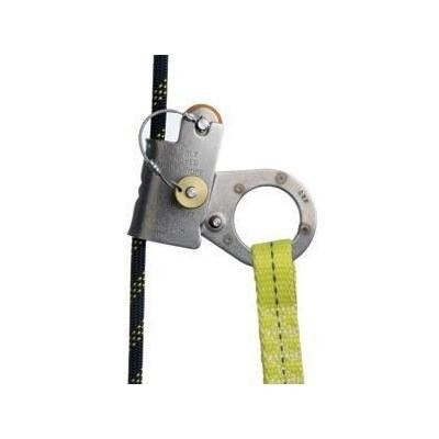 J.Racenstein Rope Grab 7/16in 3ft Shock Absorbing Lanyard, metal rope grab device with yellow strap and black rope for fall protection and safety.