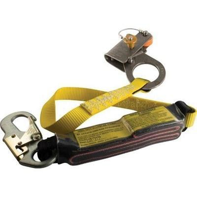 J.Racenstein Rope Grab 7/16in AntiPanic 3ft Shock Absorber, black and yellow safety fall protection equipment with metal hooks and adjustable strap.