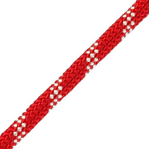 J.Racenstein Rope Kernmantle 7/16in Red 600ft, close-up of red and white braided climbing rope with textured surface for safety and durability.