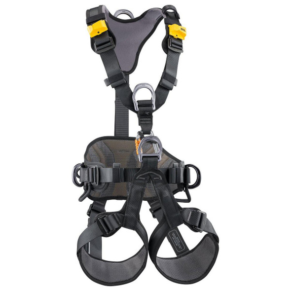 Petzl Avao Bod Harness, black and gray climbing and safety harness with adjustable straps, padding, and multiple attachment points for secure me out activities.
