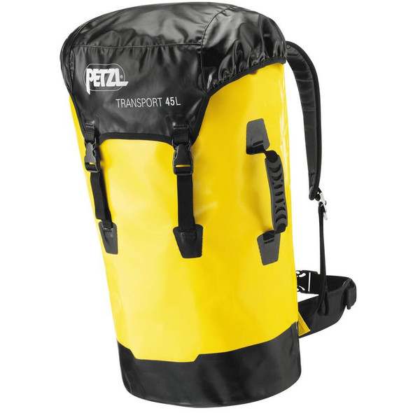 Petzl Rope Bag - Backpack Transport 45L (12 Gallon) Petzl, yellow and black waterproof climbing rope bag with adjustable shoulder straps and multiple buckles for secure carry.