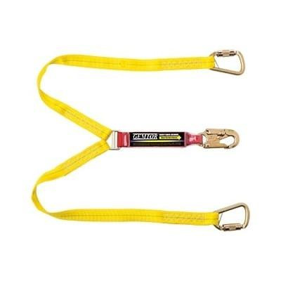 Gemtor Lanyard Double 4ft Shock Absorbing NYS Approved, yellow safety lanyard with metal clips and shock absorption feature for secure attachment.