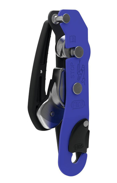 Petzl STOP Descender Petzl, blue and black manual descender device for rope control in climbing and rescue operations.