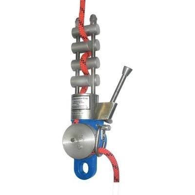 J.Racenstein Rack Type Descender with SS Bars MIO, industrial safety fall arrest device with stainless steel bars and red safety rope for climbing or rescue operations.