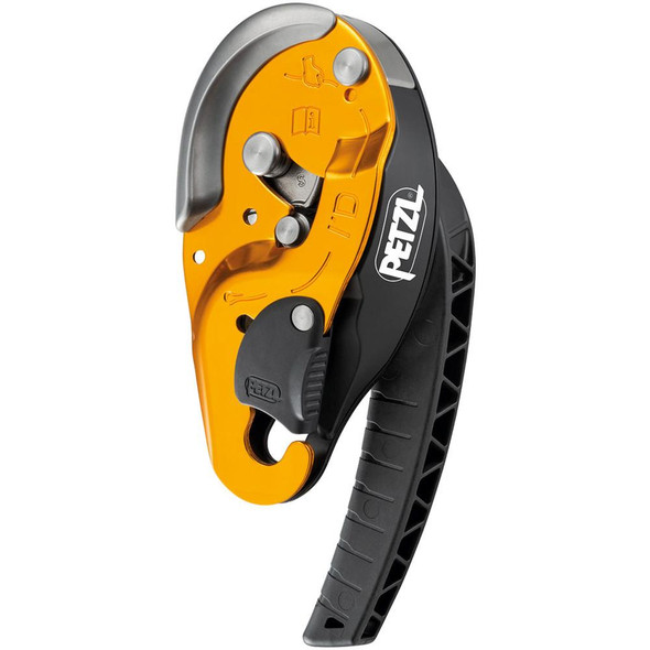 Petzl Descender ID, orange and black industrial rope descender with ergonomic handle and multiple locking and braking features.