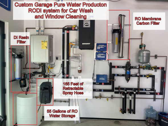 ProTool Wall Mount RODI Garage Wash, a custom water filtration and washing system with RO membrane, carbon filter, DI resin filter, retractable spray hose, and 55 gallons of water storage