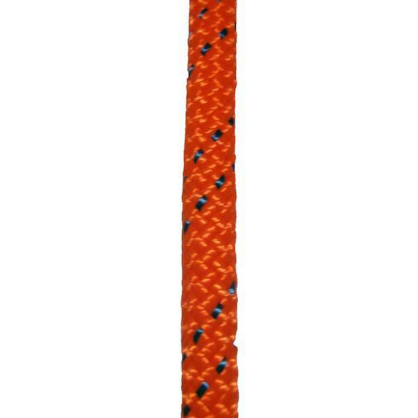 Teufelberger KMIII Rope 7/16in Orange, close-up of the vibrant orange climbing rope with black and blue accents.