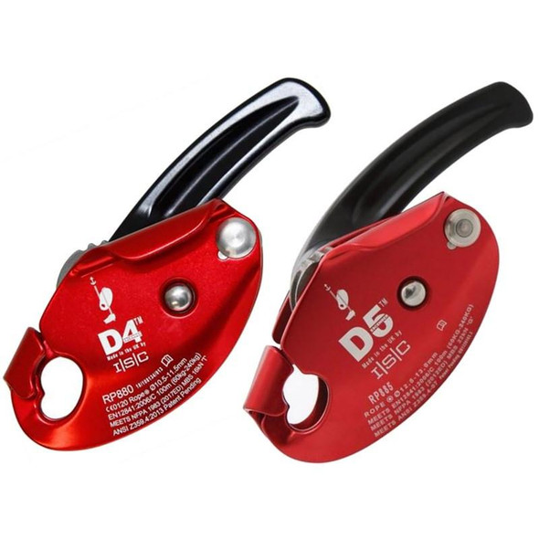J.Racenstein ISC Descender D4 7/16in, D5 1/2in climbing rescue device with red body and black handles for safety and control