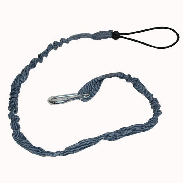 DBI/Sala Tool Lanyard, adjustable blue safety lanyard with metal carabiner and elastic stretch design for fall protection.