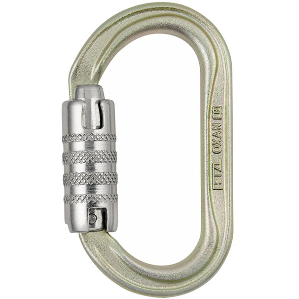 Petzl Carabiner OXAN Triact Oval Steel Gold, sturdy oval steel climbing carabiner with gold coating and secure locking mechanism.