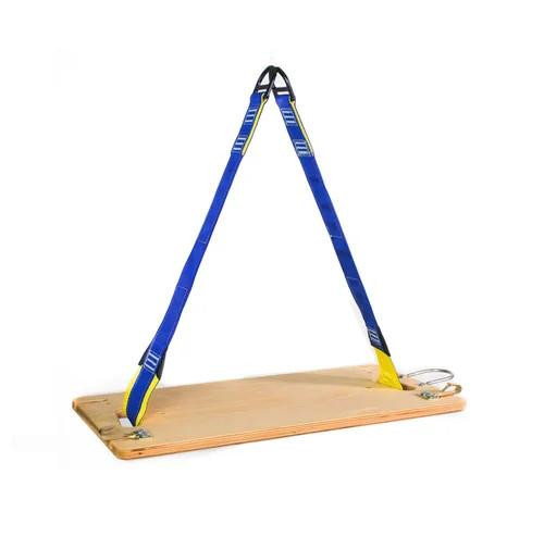 J.Racenstein Sky Genie Descent Control Bosun's Chair, wooden rescue platform with safety harness for descent control.