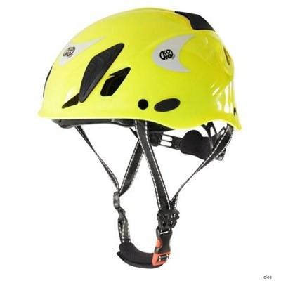 J. Racenstein Helmet Mouse Work Yellow High Vis Kong, yellow safety helmet with black ventilation panels and adjustable chin strap for industrial safety.