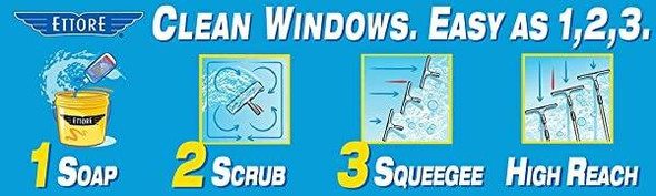 Ettore Professional Window Cleaning Kit with Soap, featuring soap, scrub, squeeze, and high reach tools for easy window cleaning.