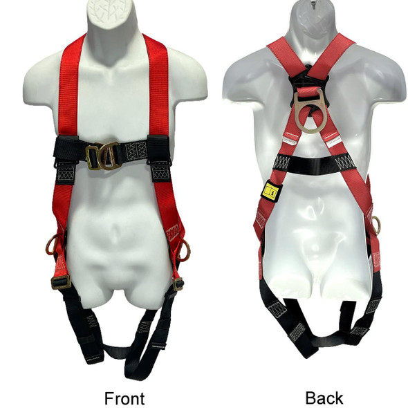 ProTool Harness with Front, Back and Side 2 Side D-Rings, safety harness setup displayed on mannequin showing front and back views