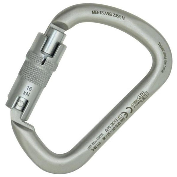 J.Racenstein ANSI XL Steel TripleLock Carabiner White, a sturdy silver-colored locking carabiner with triple locking mechanism for safety.