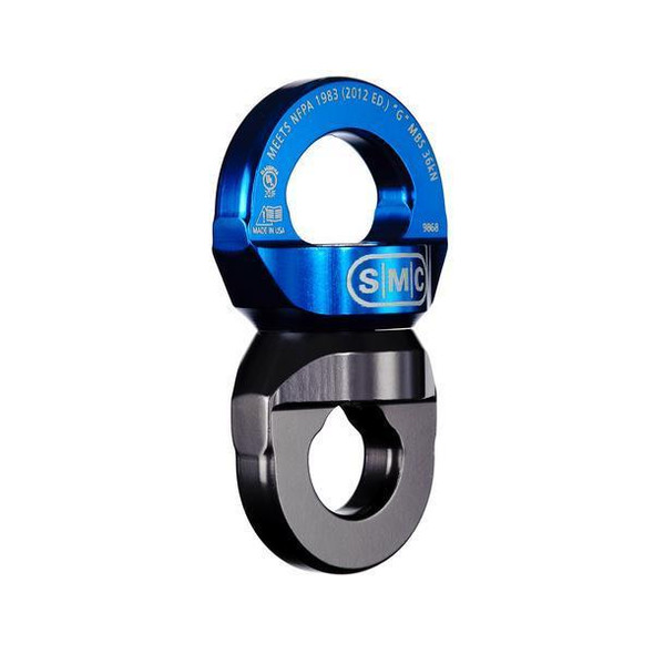 J.Racenstein Swivel Rescue SMC, a blue and black swivel rescue connector with metal construction and safety markings.
