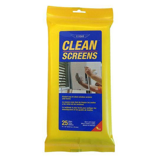 Ettore Clean Screens Wipes with Clip Strip, yellow packaging containing 25 cleaning wipes for window screens and glass surfaces.
