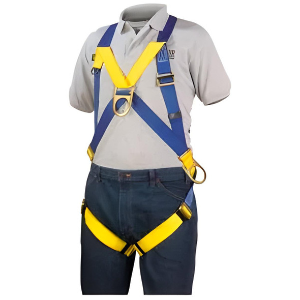 Gemtor #933H-2 Front Back Side D-Ring Harness Gemtor Universal, safety harness with blue and yellow straps worn by a person in a gray shirt and dark pants.