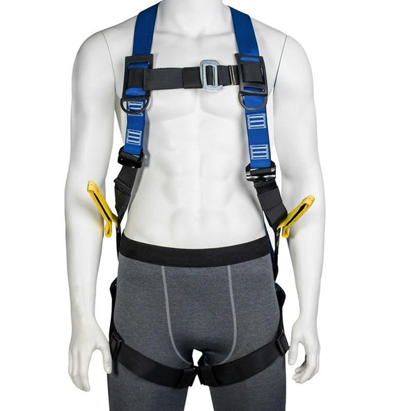 J.Racenstein Descent Control LifeSaver Full Body Harness Sky Genie, full body safety harness with blue straps and black buckles for fall protection and descent control.