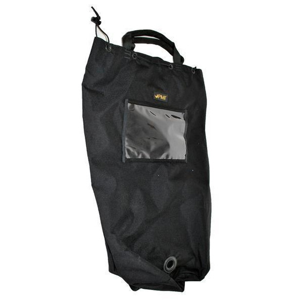 J.Racenstein Rope Pack Lg PMI, black large rope storage pack with clear front pocket and adjustable drawstring closure.