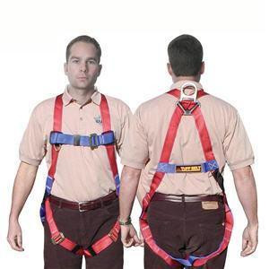 J.Racenstein Harness Feather-Lite Full Body, front and back view showing red and blue safety harness worn by a man in beige shirt and dark pants.