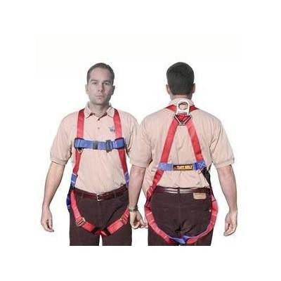 J.Racenstein Harness Feather-Lite Full Body, front and back view of a man wearing a red, blue, and beige harness for safety or rescue operations.