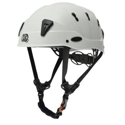 J.Racenstein Helmet Spin ANSI White Kong, white safety helmet with black adjustable strap and ventilation holes.