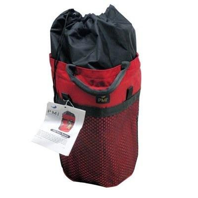 J.Racenstein Rope Bag Gear Bucket PMI, a durable black and red climbing gear bucket with a mesh bottom and carrying handle.