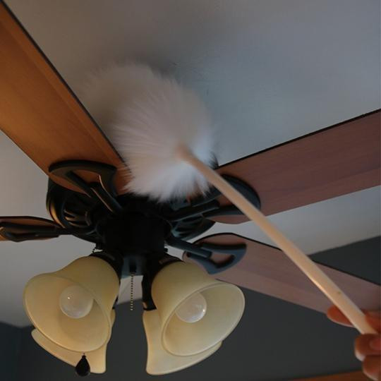 Ettore Lambswool Duster with 42-inch handle, cleaning dust from a ceiling fan.