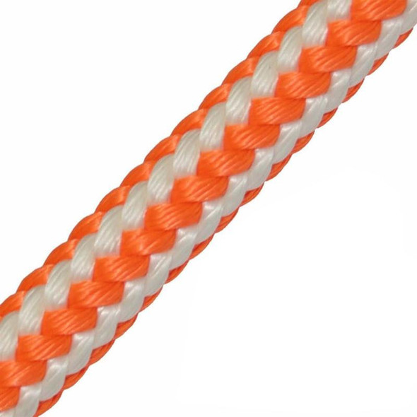 Teufelberger Rope KMIII 1/2in Orange, close-up image showing the braided orange and white synthetic rope in a diagonal orientation.