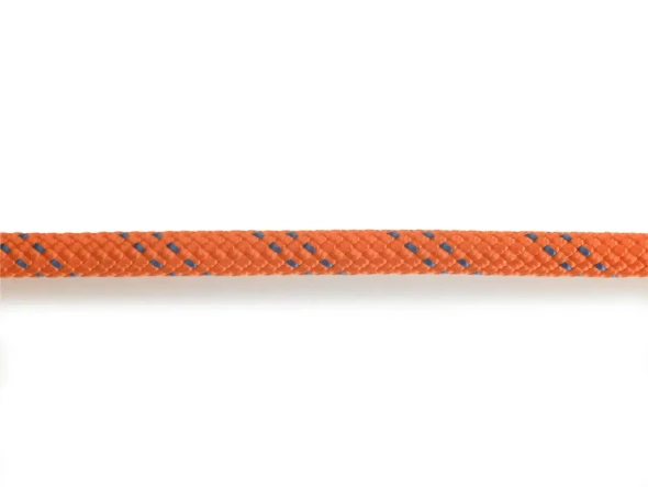 Teufelberger Rope KMIII 1/2in Orange, close-up of the durable, high-strength orange rope with blue and black accents against a white background.