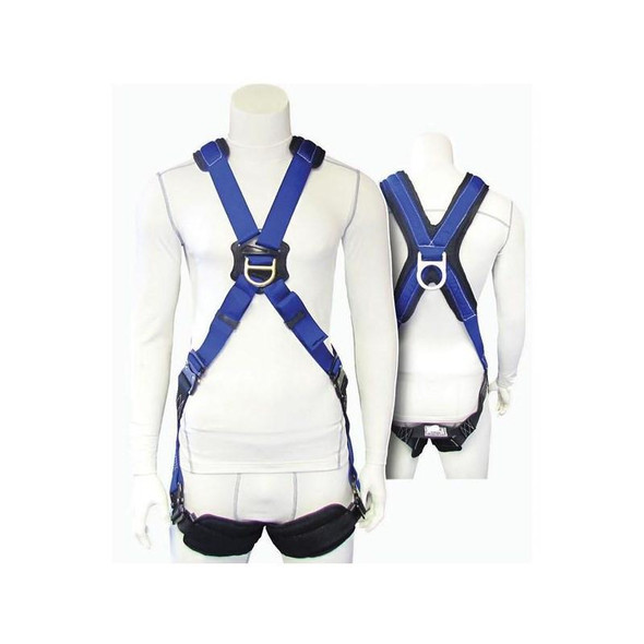 J.Racenstein Descent Control Apollo Harness Sky Genie, blue and black safety harness displayed on mannequins for climbing or rescue operations.