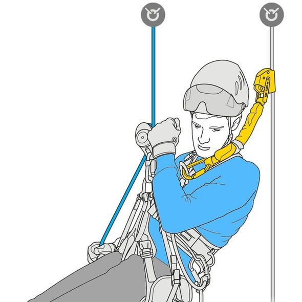 Petzl Lanyard ASAPSORBER AXESS ANSI Petzl, safety rescue lanyard with fall arrest barrier in use by climbing technician wearing helmet, harness, and gloves, attached to anchor point for fall protection.