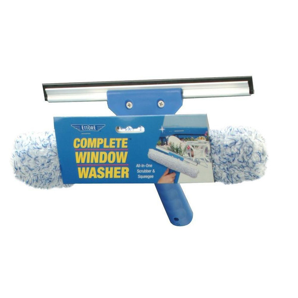Ettore Complete Window Washing Tool, all-in-one window cleaner with sponge and squeegee attached to a blue handle.