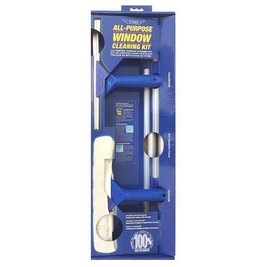 Ettore All Purpose Window Cleaning Kit, blue window cleaning tool set with squeegee, scrubber, and extension pole in packaging