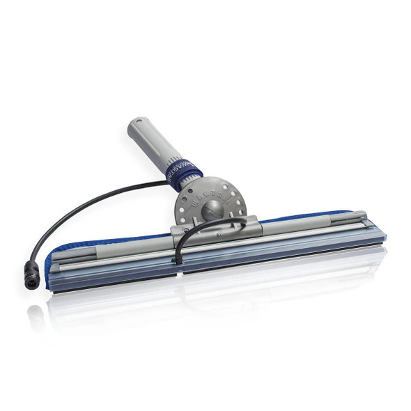 Wagtail Jetstream Water Fed Sleeve System 14in, water cleaning tool with a long aluminum handle, blue nylon sleeve, and adjustable dial, designed for window washing and exterior cleaning.