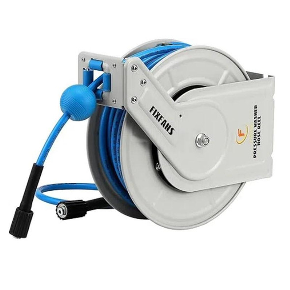 ProTool Reel Retractable 60ft 1/4in M22 Connector ProTool, a white and blue retractable hose reel with a 60-foot hose and M22 connector, designed for professional use.