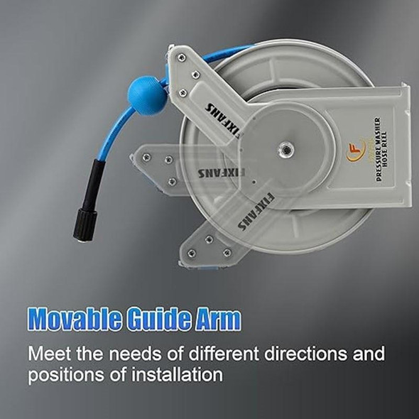 ProTool Reel Retractable 60ft 1/4in M22 Connector, a portable retractable hose reel with a blue hose and white body, featuring a movable guide arm for flexible installation options.