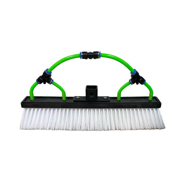 ProTool White Nylon Brush 14 inch, industrial cleaning tool with white nylon bristles, black mounting base, and green flexible hoses for efficient cleaning.