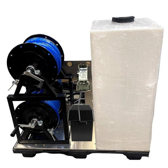 ProTool Mini Pure Water Skid, industrial water purification system on a metal frame with large water tanks and hoses.