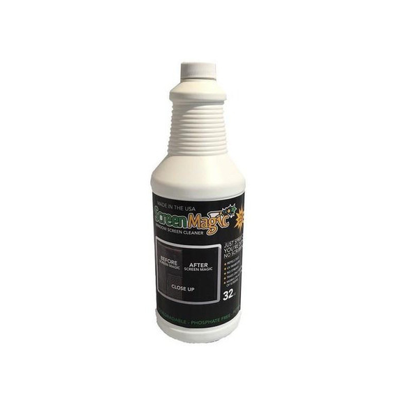 Screen Magic Cleaner and Restorer, a white spray bottle with a black label showing before and after images of a cleaned screen and emphasizing its cleaning capabilities.