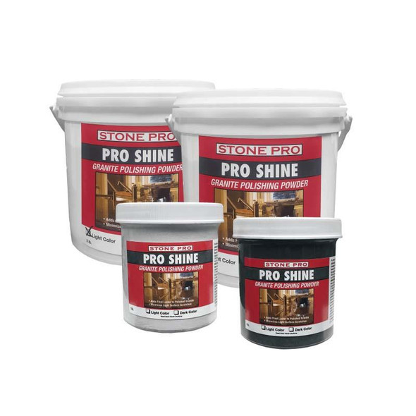 StonePro ProShine Granite Polish Dark Powder, set of containers with red, black, and white labels for granite polishing