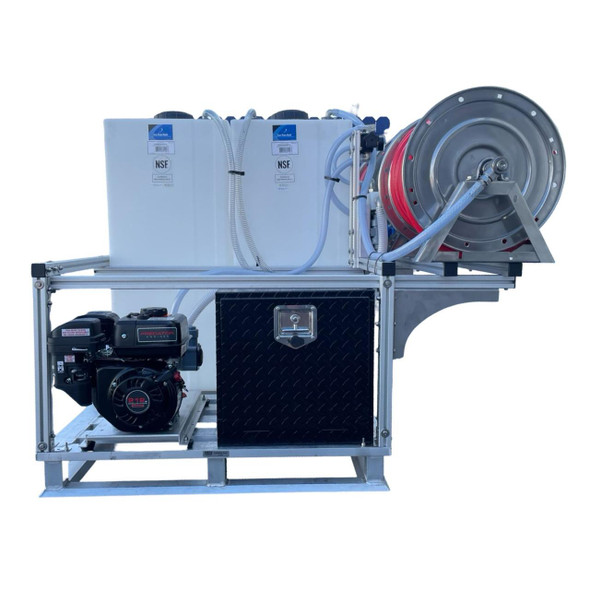 ProTool Soft wash Skid Curbside Reels BPX 25, industrial cleaning equipment with multiple hoses, a motor, and a large water tank for soft washing applications.
