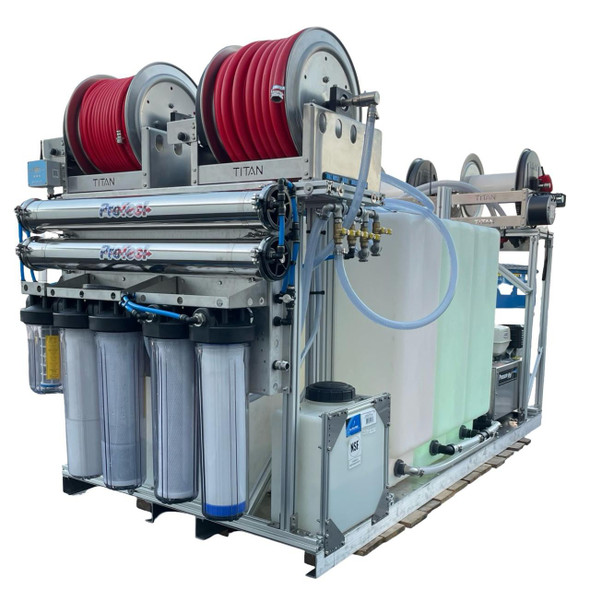 ProTool Van Drone Skid Curbside Reels, industrial water filtration system with multiple hoses, filters, and reels mounted on a metal frame for construction or plumbing applications.