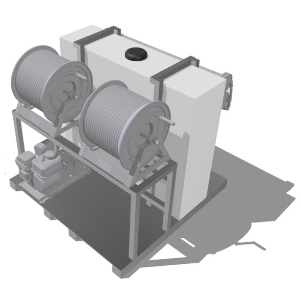 ProTool Solar Van Skid, industrial solar power equipment with hose reels and a large tank.